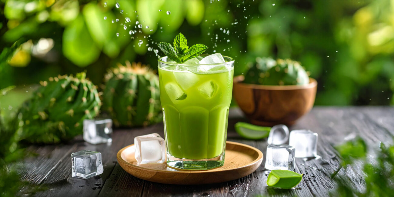 Glas mit MySyrupBox Grüntee Kaktusfeige Sirup auf einem Holztich mit Früchten im Hintergrund