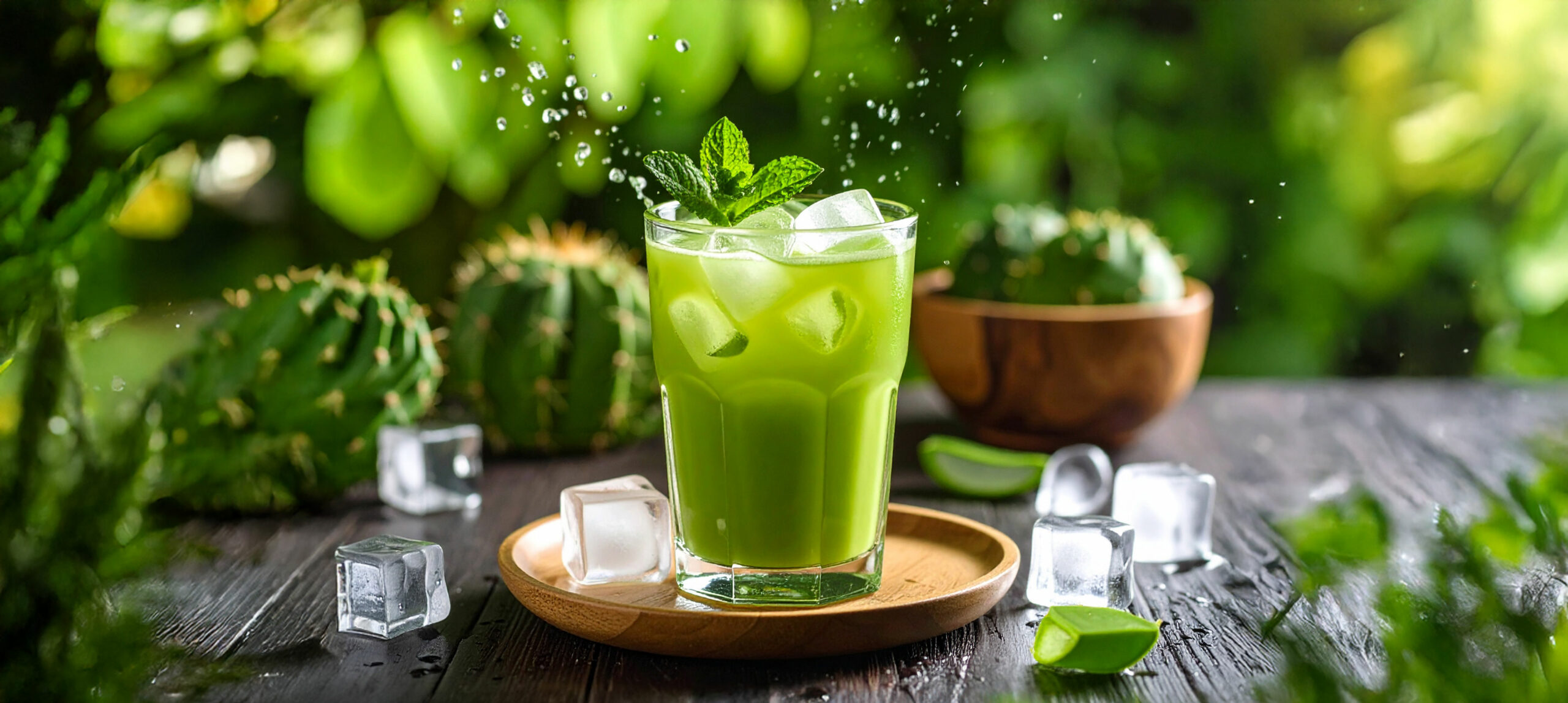 Glas mit MySyrupBox Grüntee Kaktusfeige Sirup auf einem Holztich mit Früchten im Hintergrund