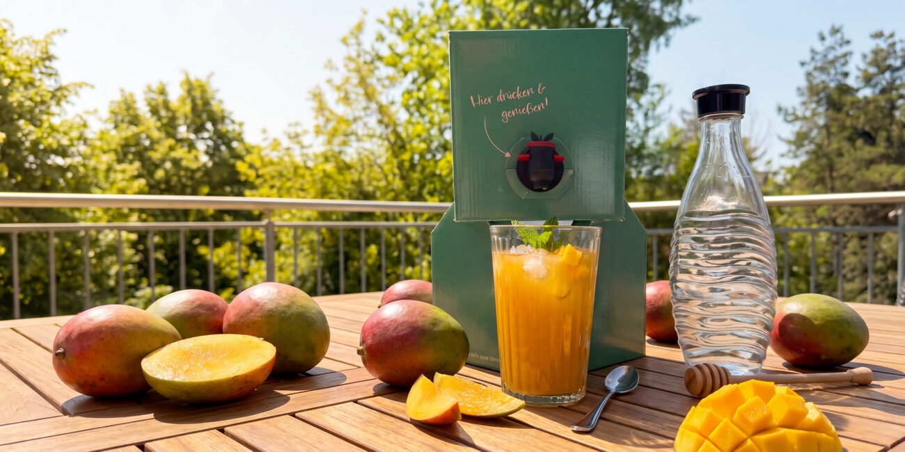MySyrupBox Mangosirup auf einem Tisch auf einer Terassse mit Mangos dekoriert